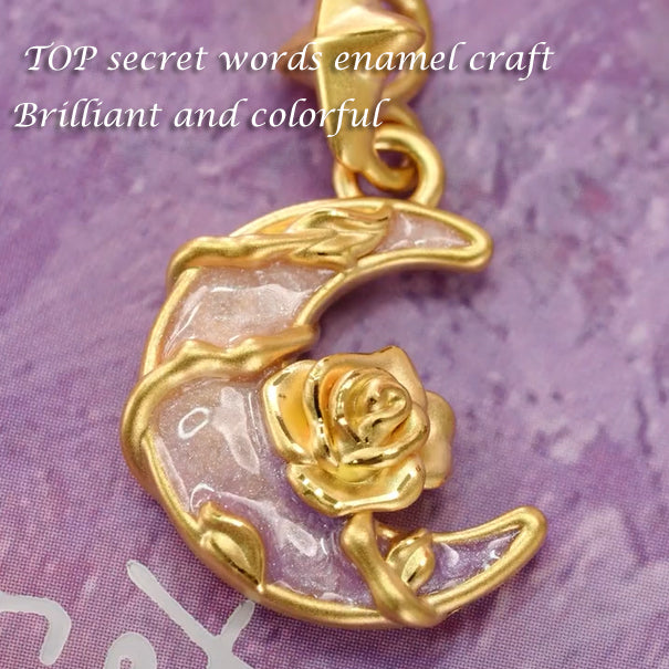 Monet Garden Series 24K Gold Secret Words Luminous Enamel Rose Moon Necklace Pendant