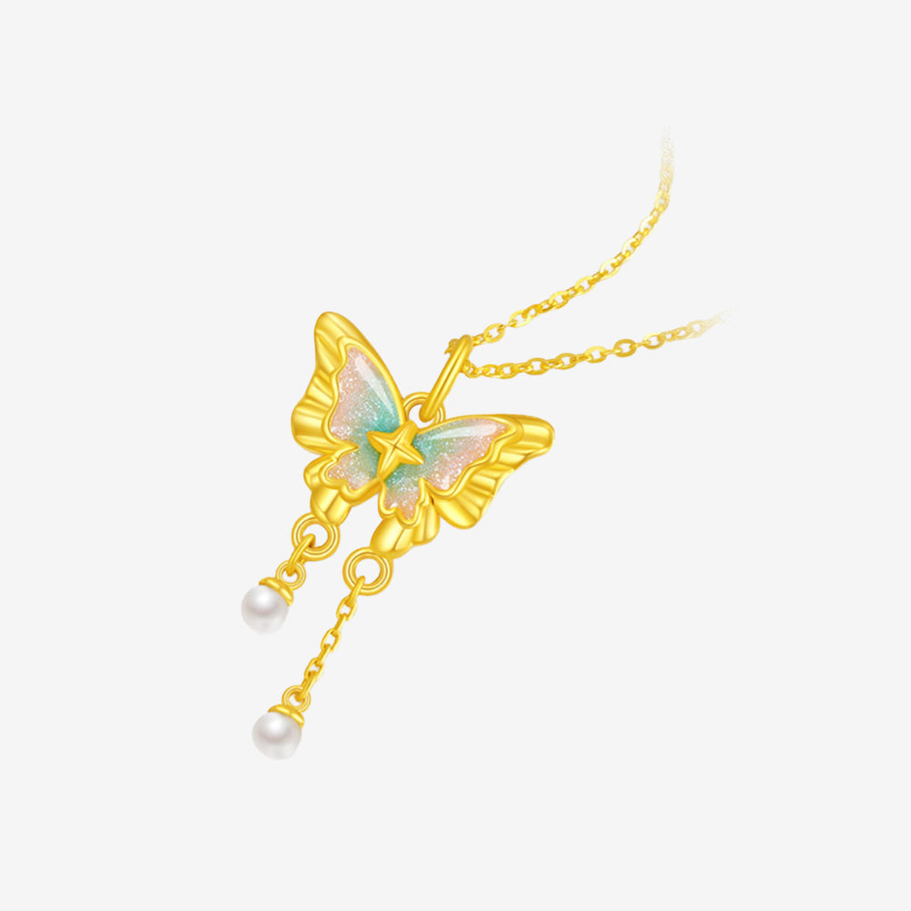 24K Gold Pearl Luminous Enamel Butterfly Dance Necklace Pendant