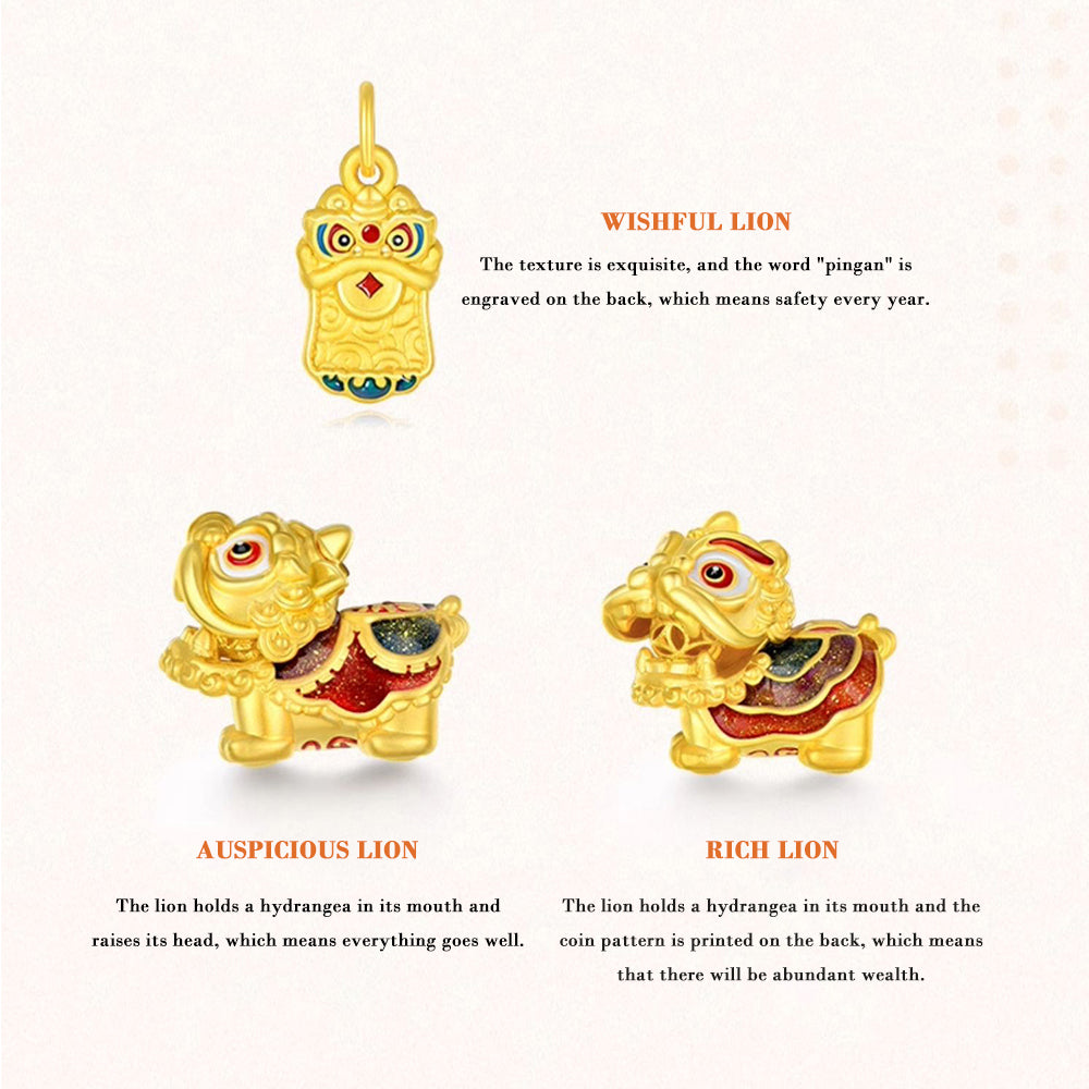 24K Gold Chinese Southern Lion Dance Rotatable Charm Set Bracelet