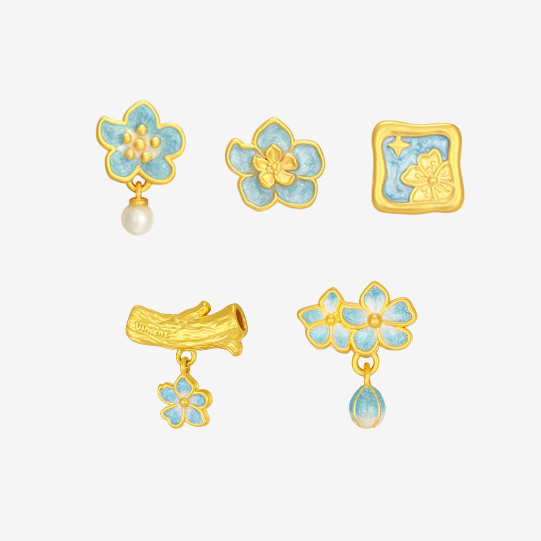 24K Gold Blue Almond Blossoms Flower Charm