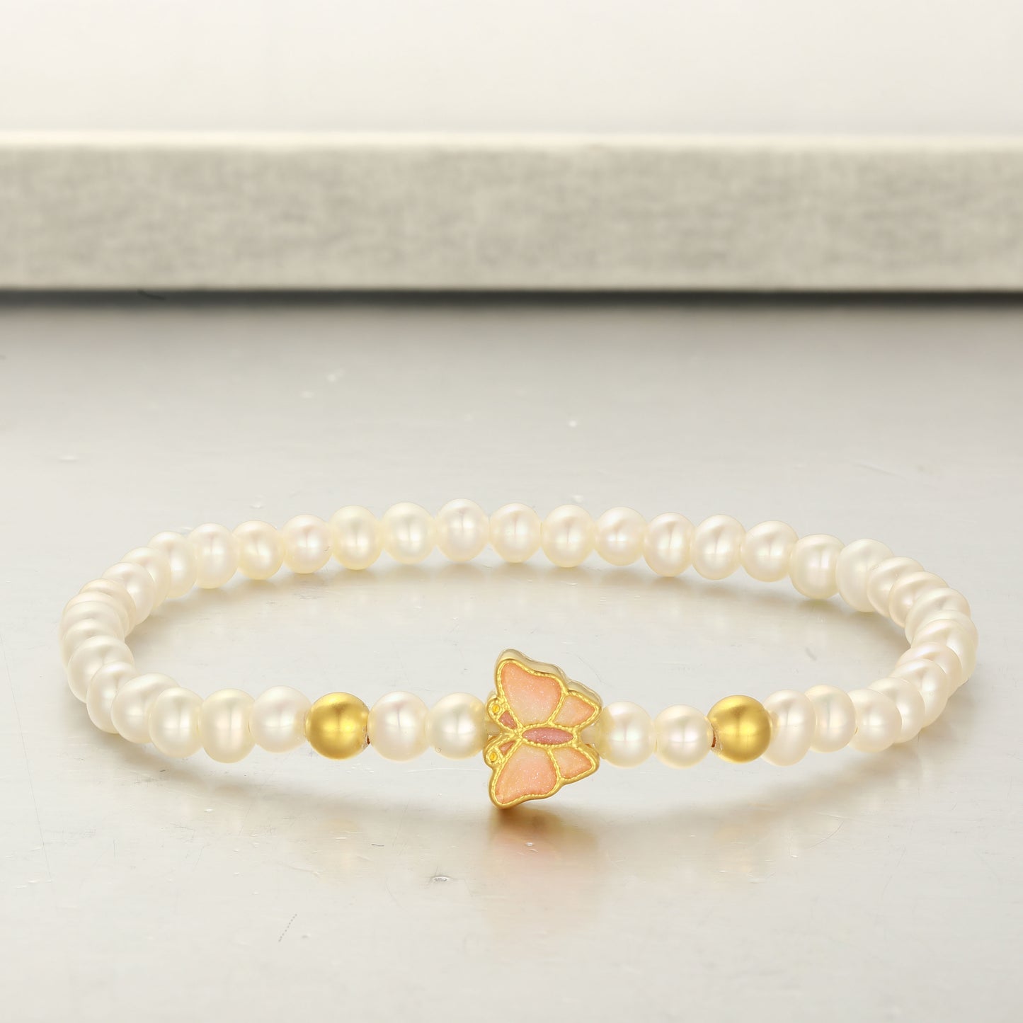 24K Gold Pearl Enamel Butterfly Bracelet