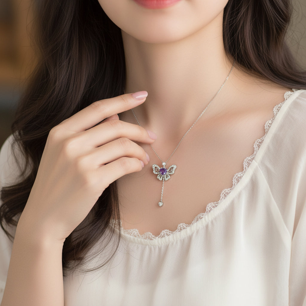 Silver Zircon Purple Pink Wings Movable Butterfly Necklace