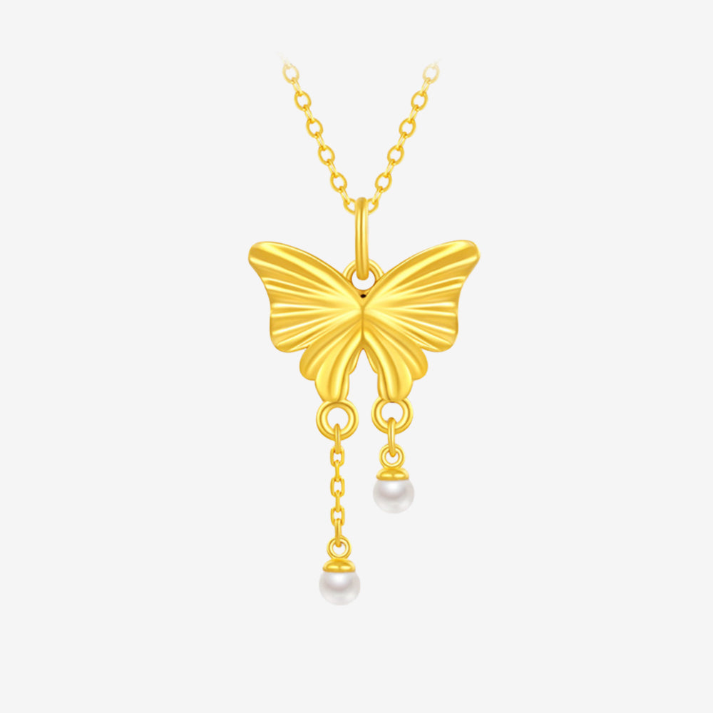 24K Gold Pearl Luminous Enamel Butterfly Dance Necklace Pendant