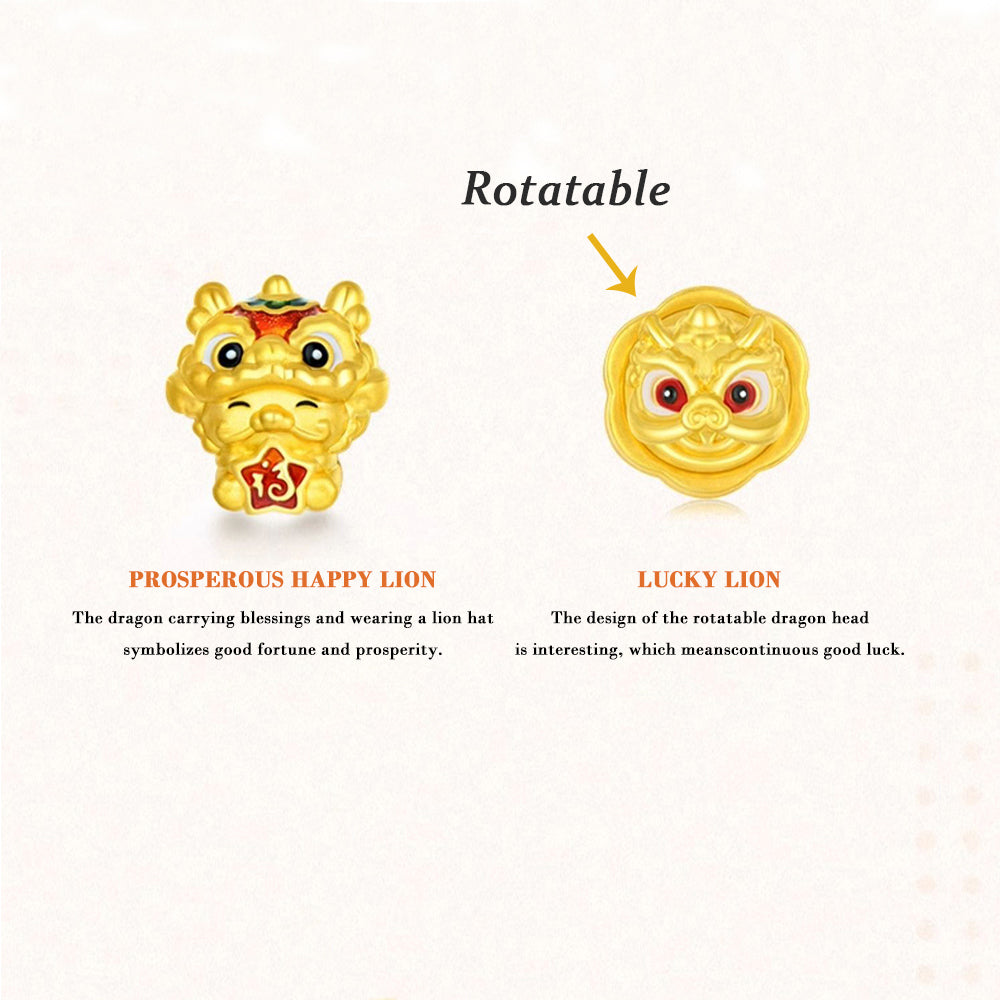 24K Gold Chinese Southern Lion Dance Rotatable Charm Set Bracelet