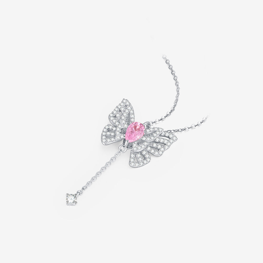 S925 Silver Zircon Purple Pink Wings Movable Butterfly Necklace
