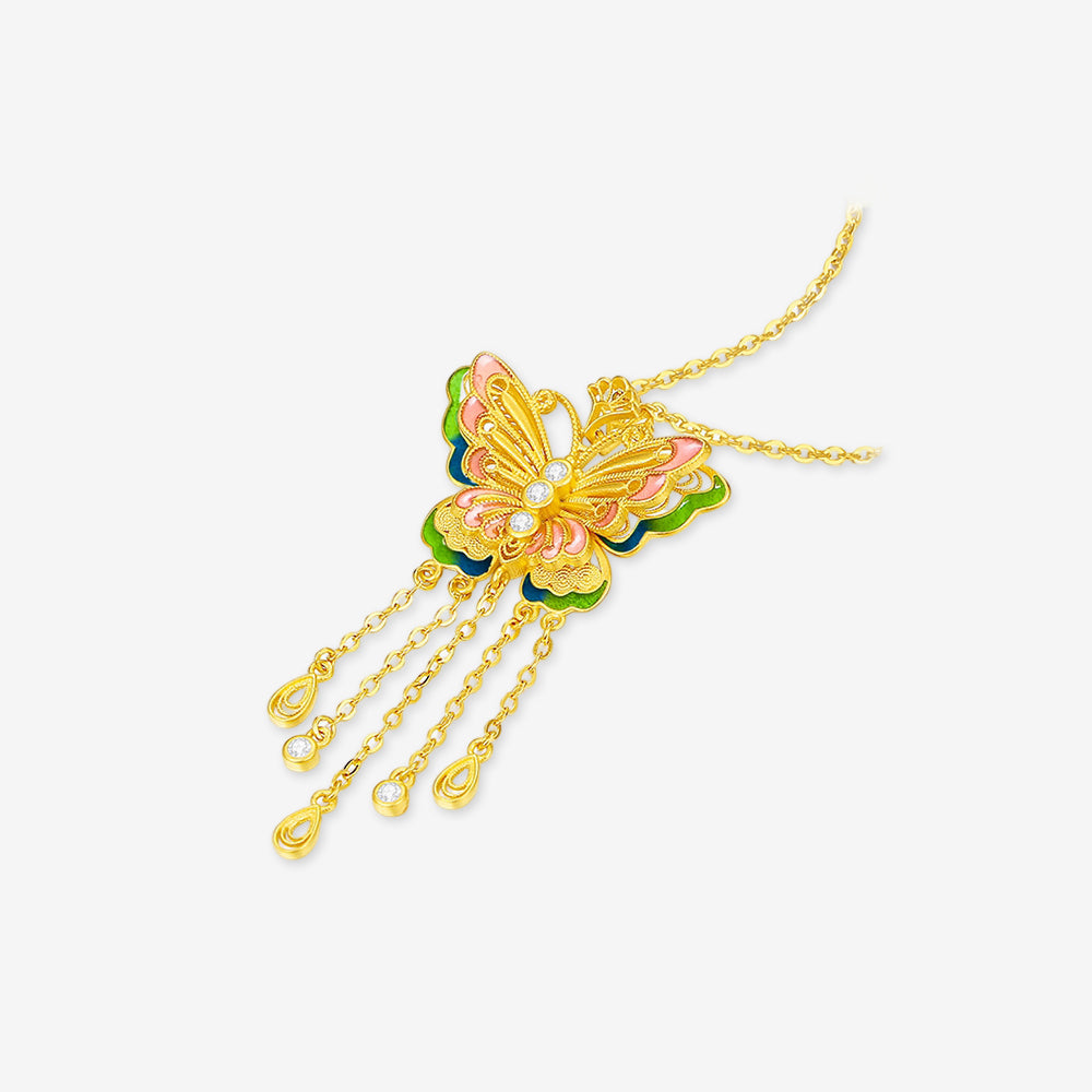 925 Silver Gold Plated Enamel Butterfly Tassel Necklace