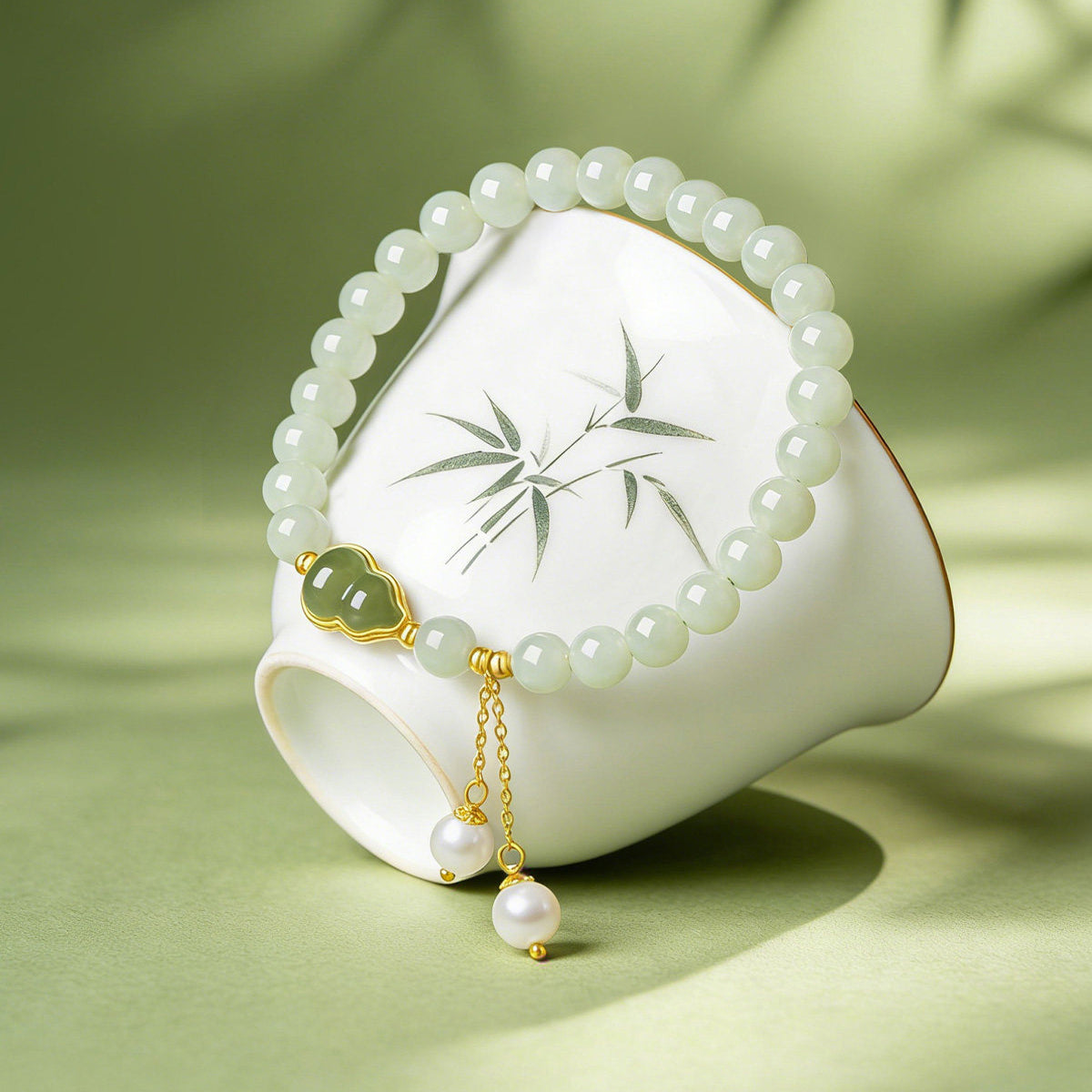 Gold Plated Silver Hetian Jade Calabash Gourd Beaded Bracelet