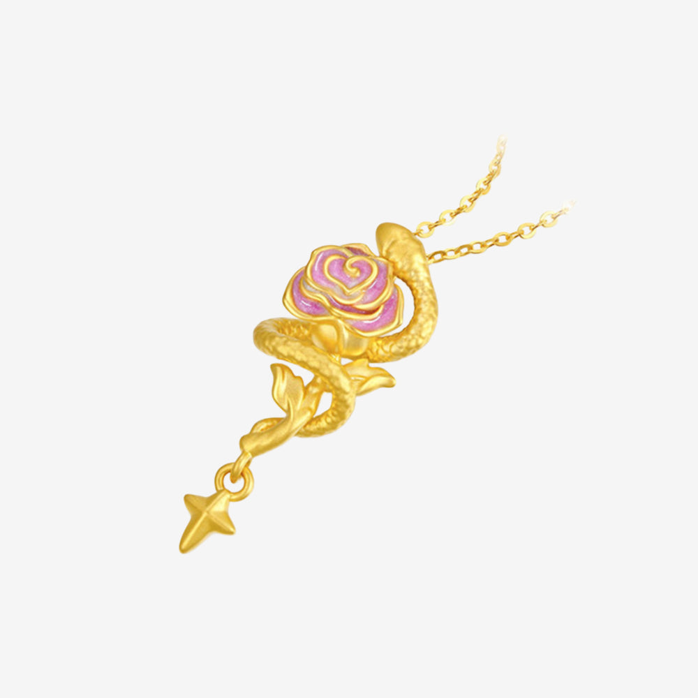 24K Gold Luminous Enamel Cool Snake and Rose Necklace Pendant