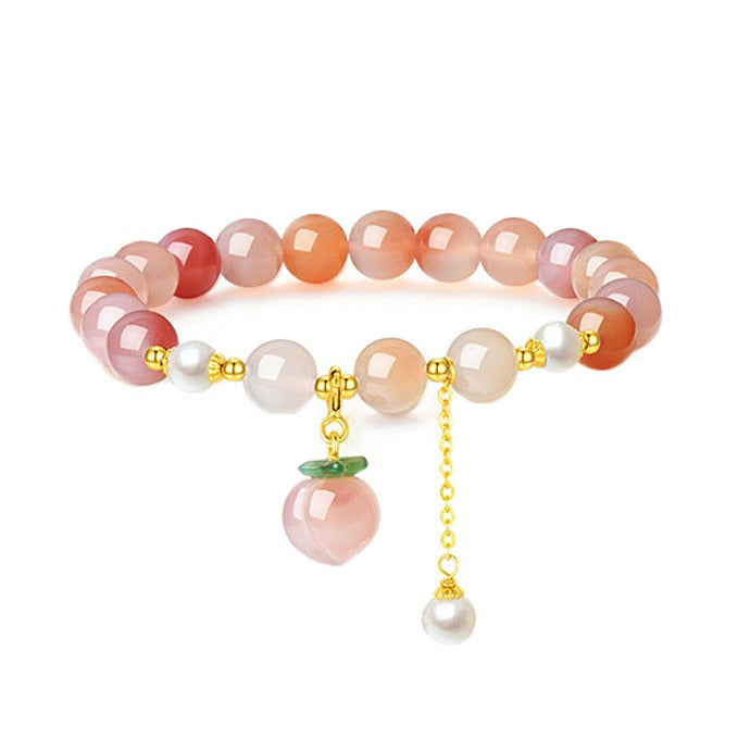 925 Silver Pearl Agate Pink Peach Beaded Bracelet