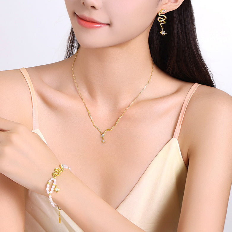 S925 Zircon Star Golden Snake Necklace