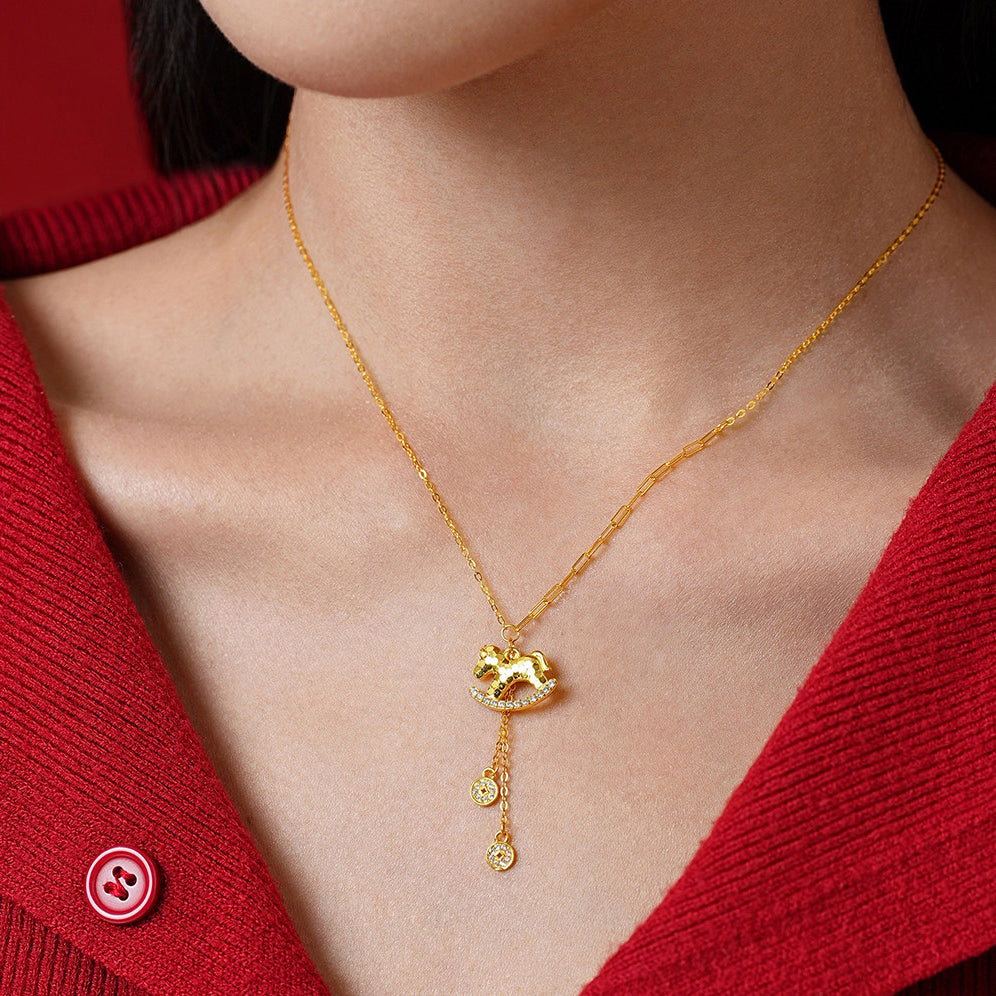 Gold Plated Silver Zircon Rich Horse Jewelry Set - Necklace Bracelet