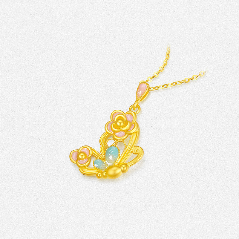 Twelve Gods of Flowers Series 24K Gold Enamel Camellia Butterfly Necklace Pendant