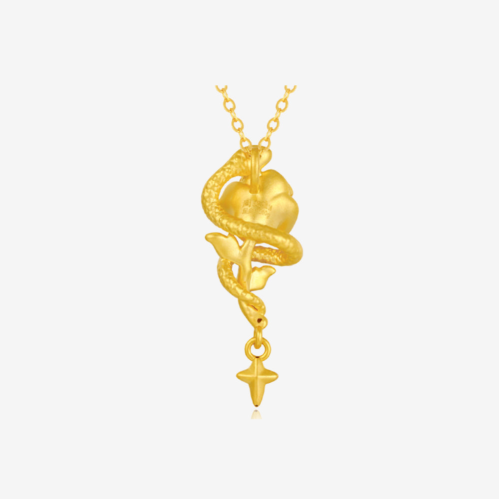 24K Gold Luminous Enamel Cool Snake and Rose Necklace Pendant