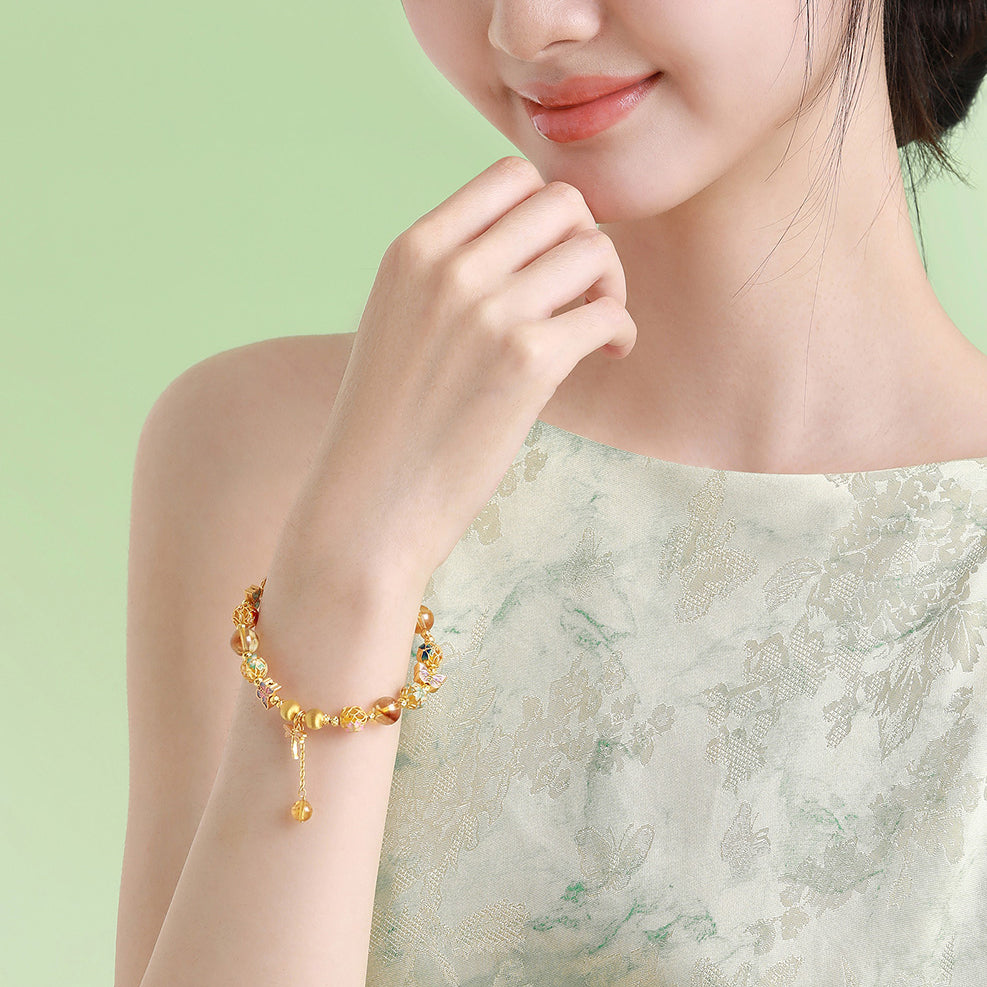 S925 Silver Dragonfly Butterfly Embroidery Ball Citrine Beaded Bracelet