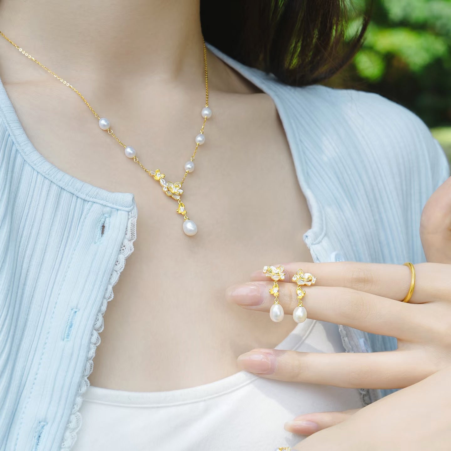[Pre-sale] S925 Silver Pearl Elegant Jasmine Flower Jewelry Set - Earrings Necklace Bracelet