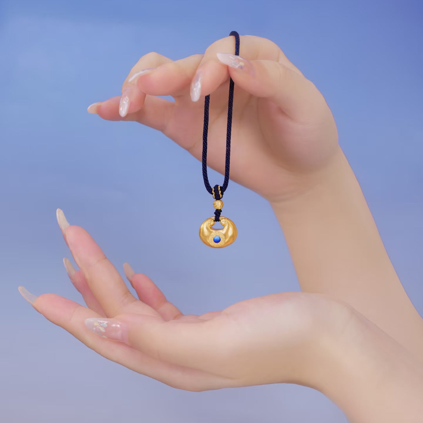 Oriental Blue and White Series 24K Gold Enamel Money Bag Necklace