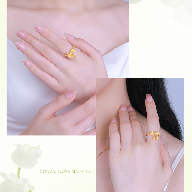 24K Gold Bow Knot Lily of the Valley Flower Ring