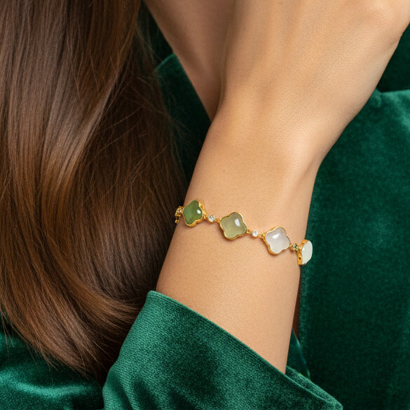 S925 Silver Gradient Color Hetian Jade Clover Bracelet