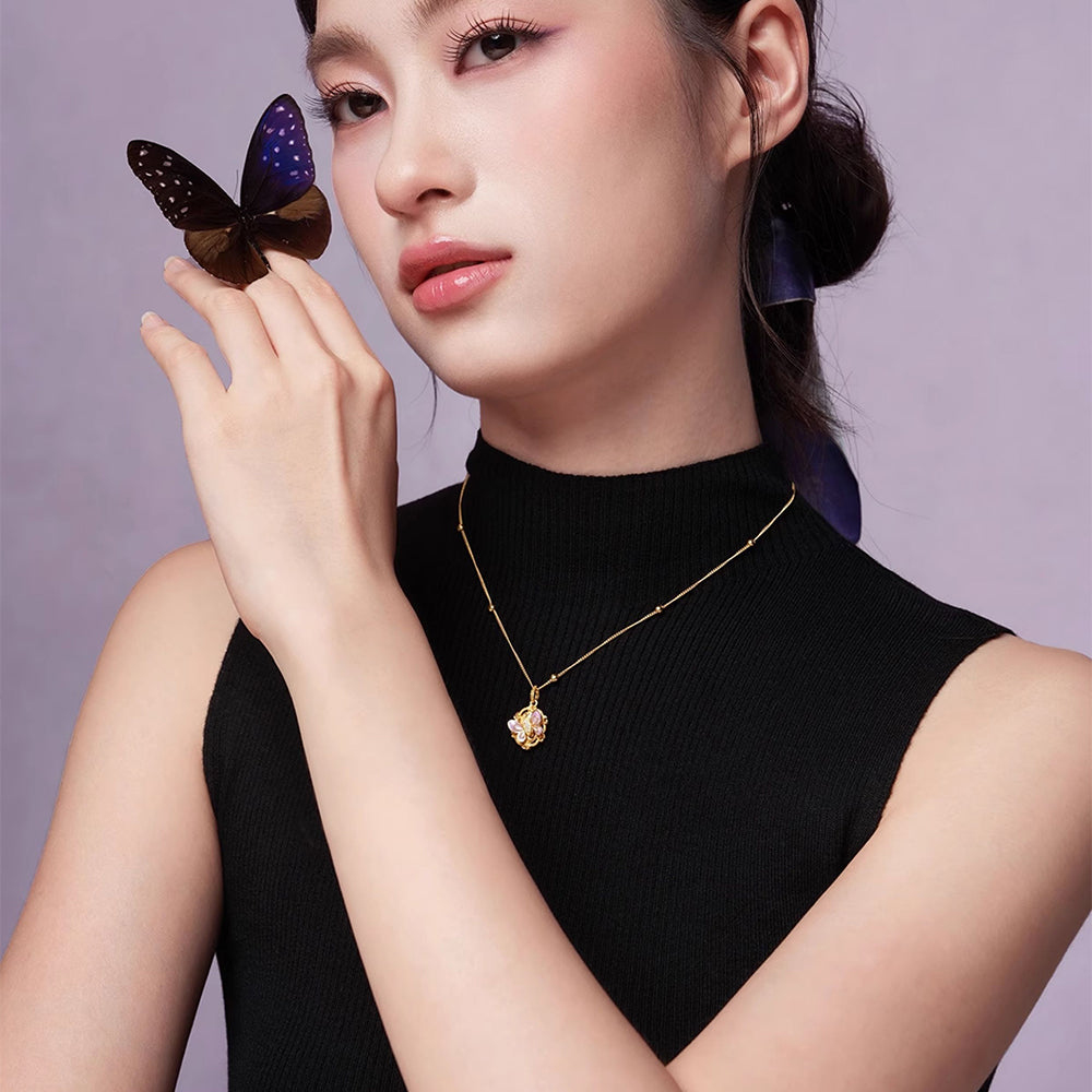 [Pre-sale] Monet Garden Series 24K Gold Diamond Luminous Enamel Vintage Rose Butterfly Pendant