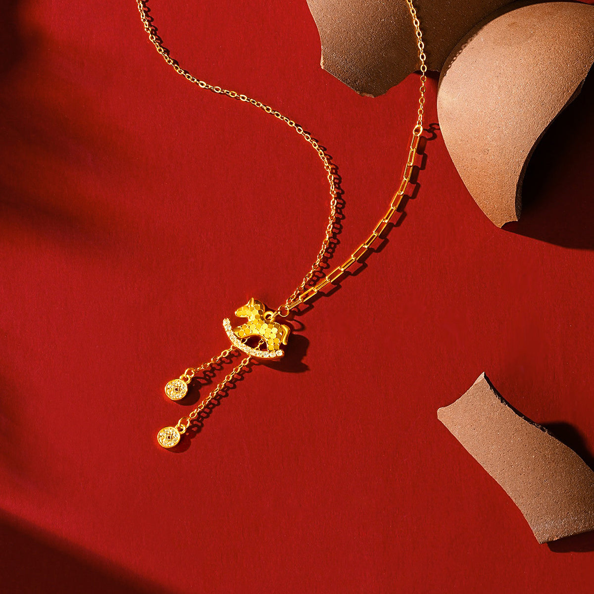 Gold Plated Silver Zircon Rich Horse Jewelry Set - Necklace Bracelet