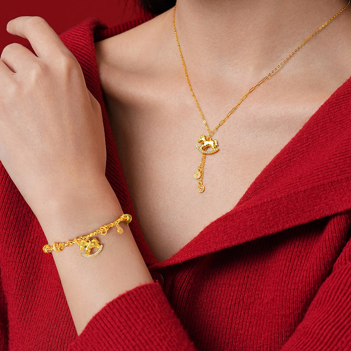 Gold Plated Silver Zircon Rich Horse Jewelry Set - Necklace Bracelet