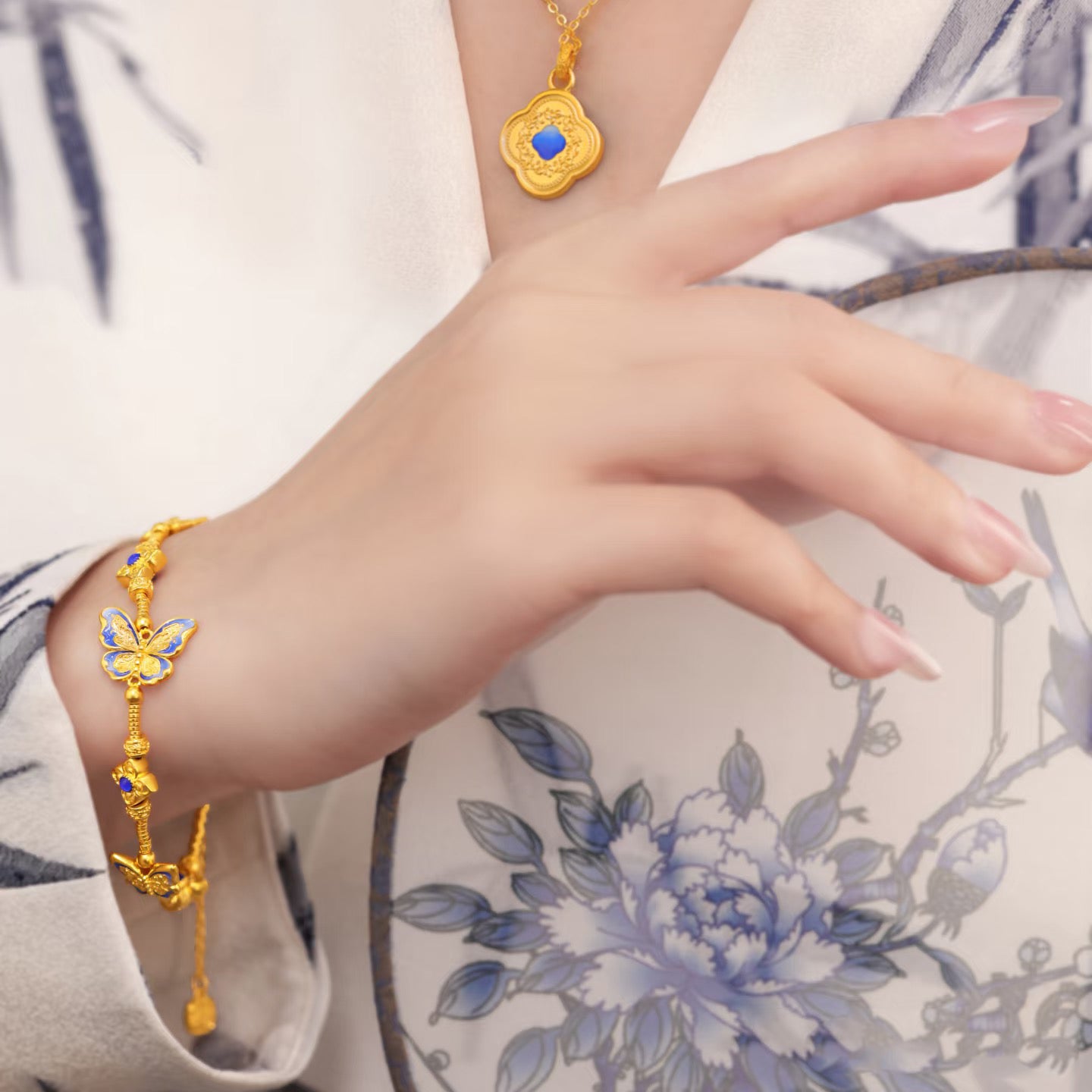 Oriental Blue and White Series 24K Gold Enamel Blue Butterfly Bracelet