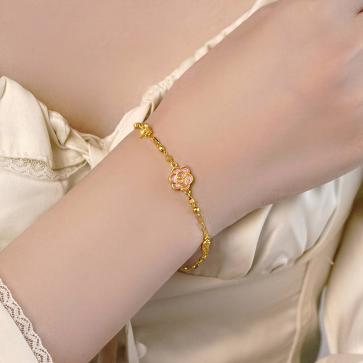 Monet Garden Series 24K Gold Enamel Camellia Butterfly Bracelet