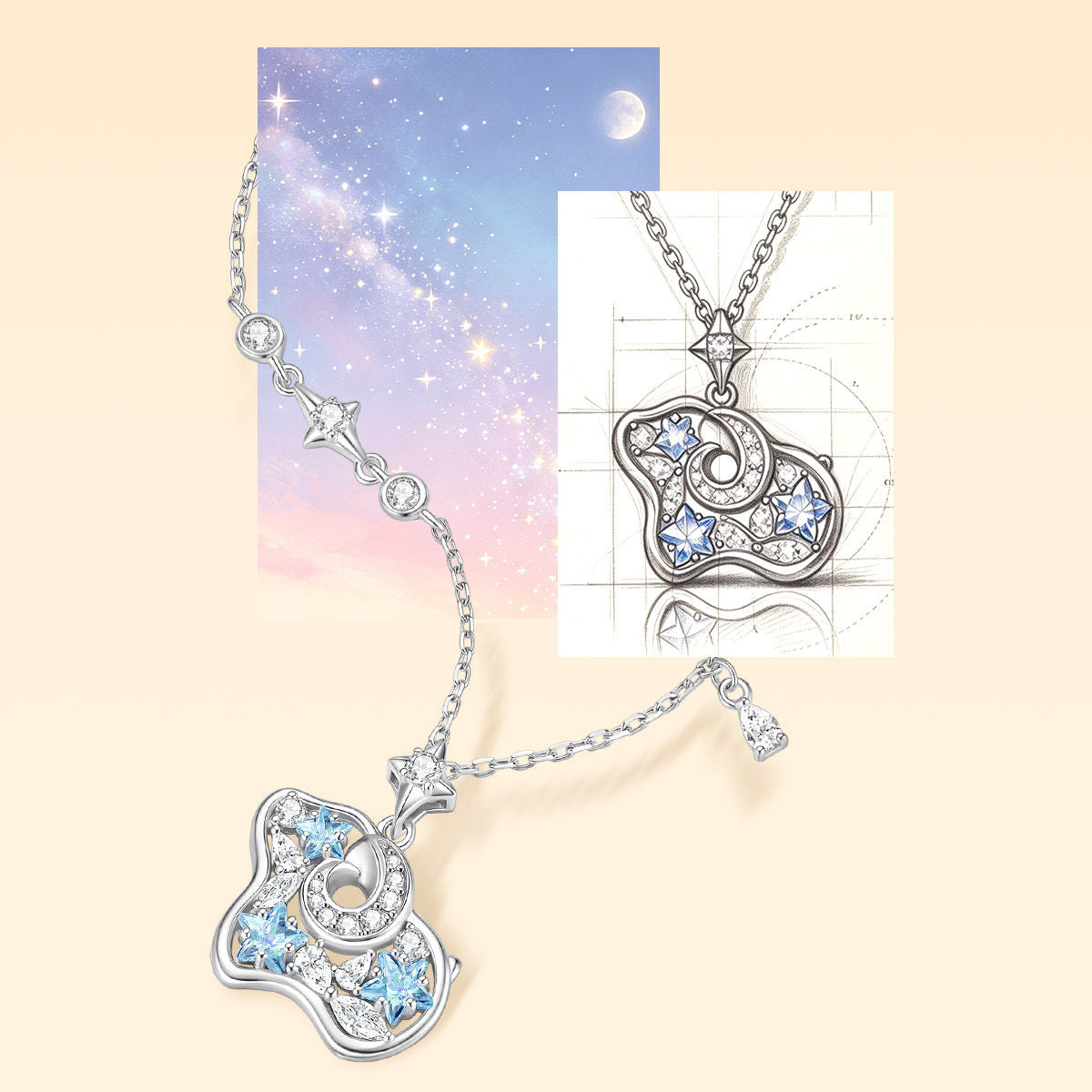Blue cubic zirconia sheep necklace with curled horn and star details, shown beside a pendant design sketch