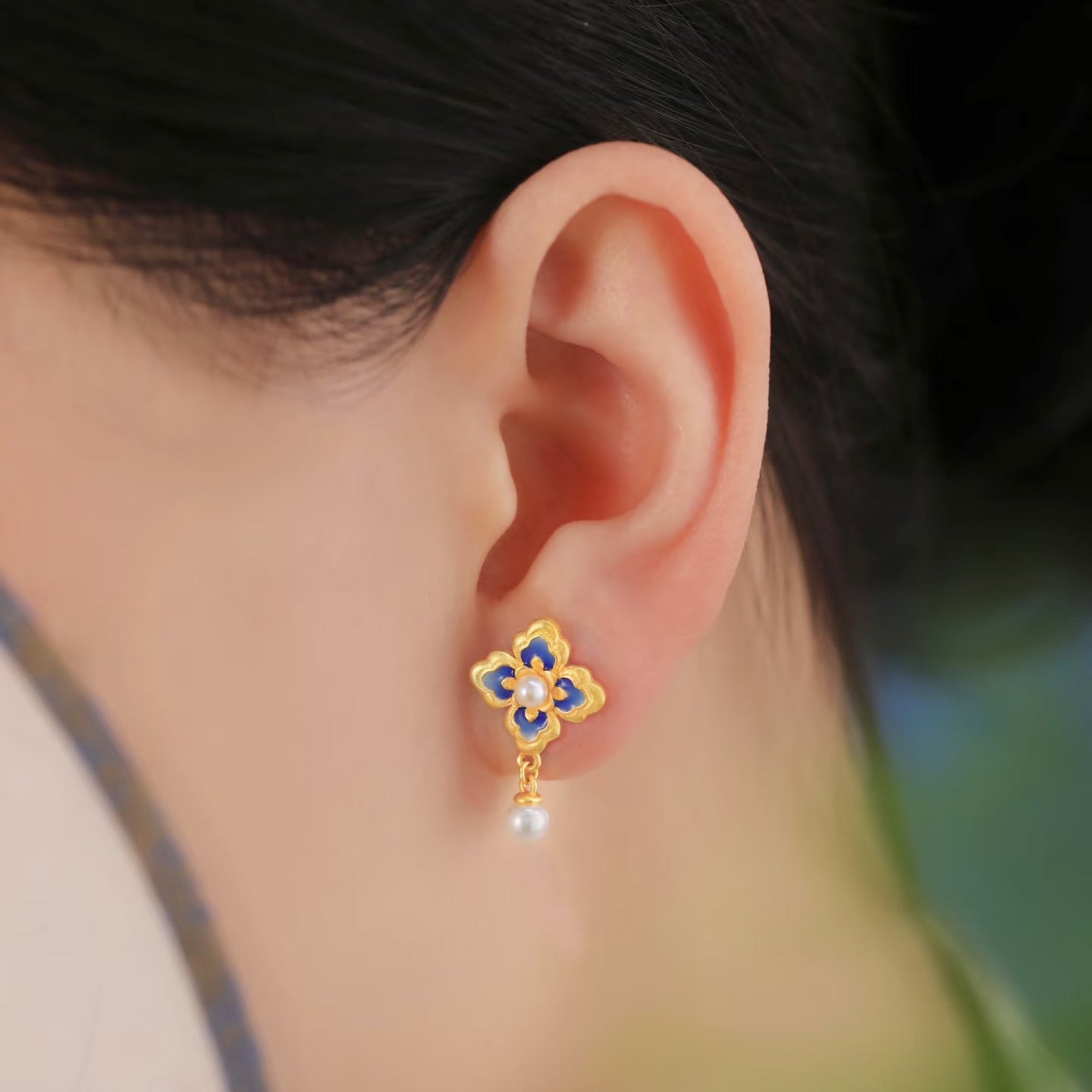 Oriental Blue and White Series 24K Gold Pearl Enamel Lotus Earrings