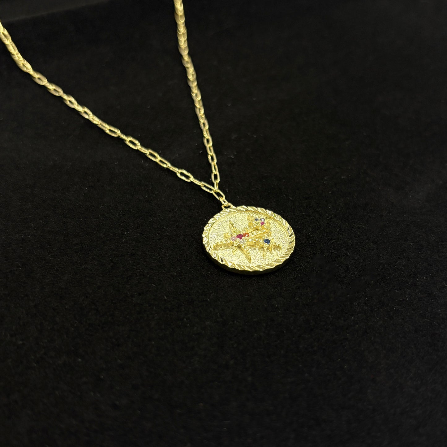 Gold Plated Silver Vintage Eight-pointed Star Disc Necklace