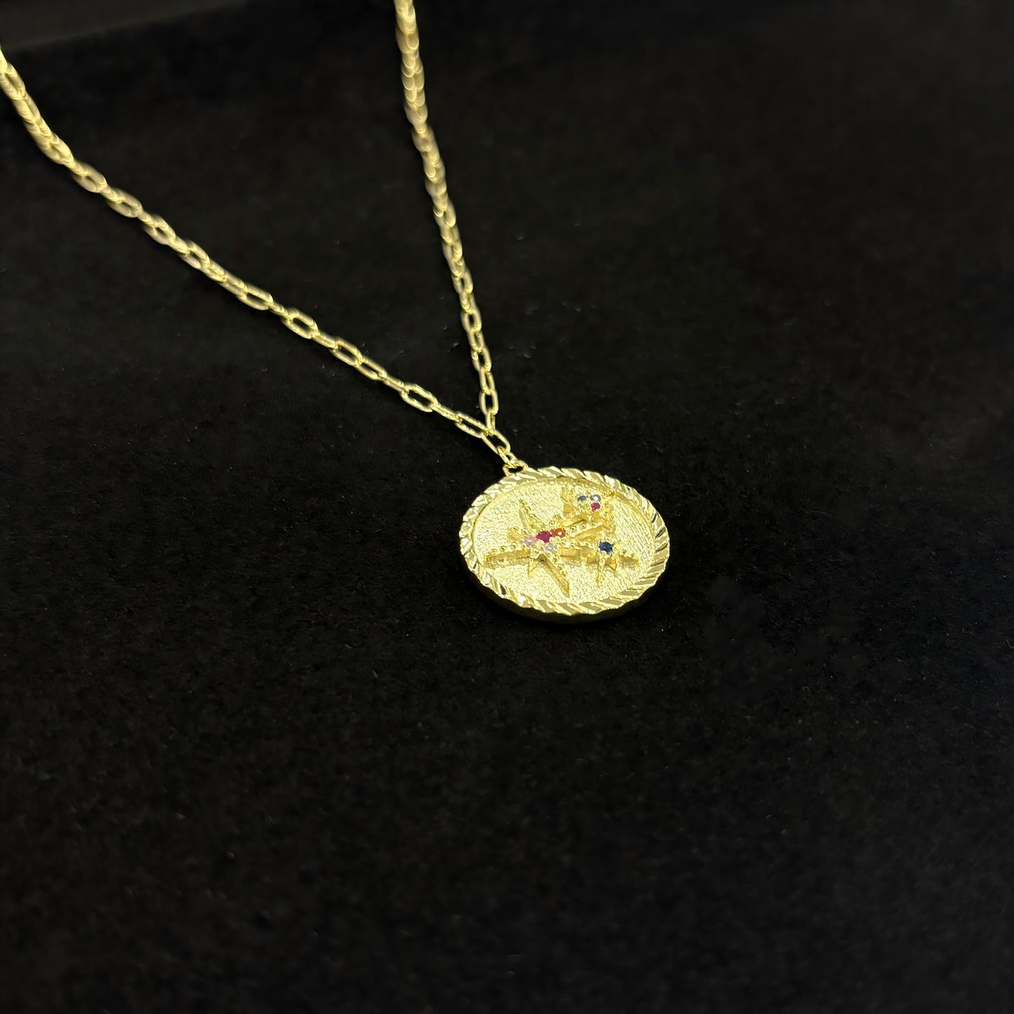 Gold Plated Silver Vintage Eight-pointed Star Disc Necklace