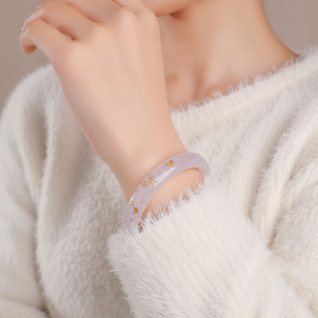 Butterfly Snowflake White Moonlight Chalcedony Bangle
