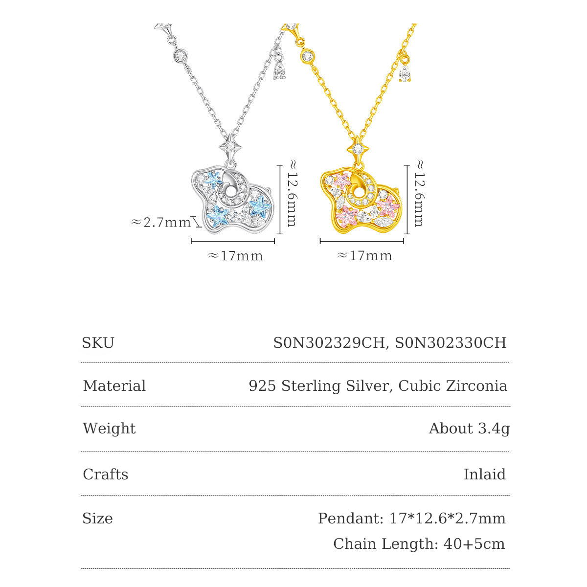 Blue and pink sheep necklace size chart: 17 x 12.6 x 2.7mm pendants and 40+5cm chains in 925 silver