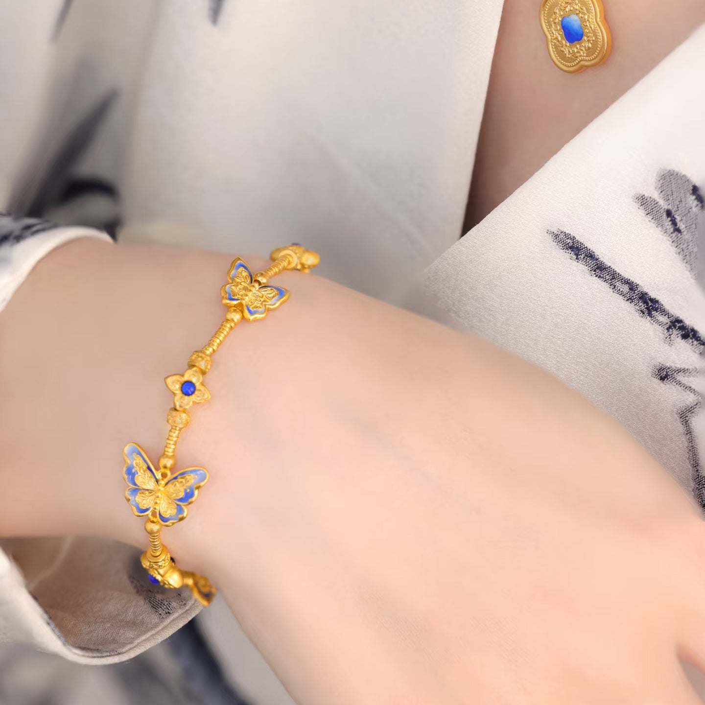 Oriental Blue and White Series 24K Gold Enamel Blue Butterfly Bracelet