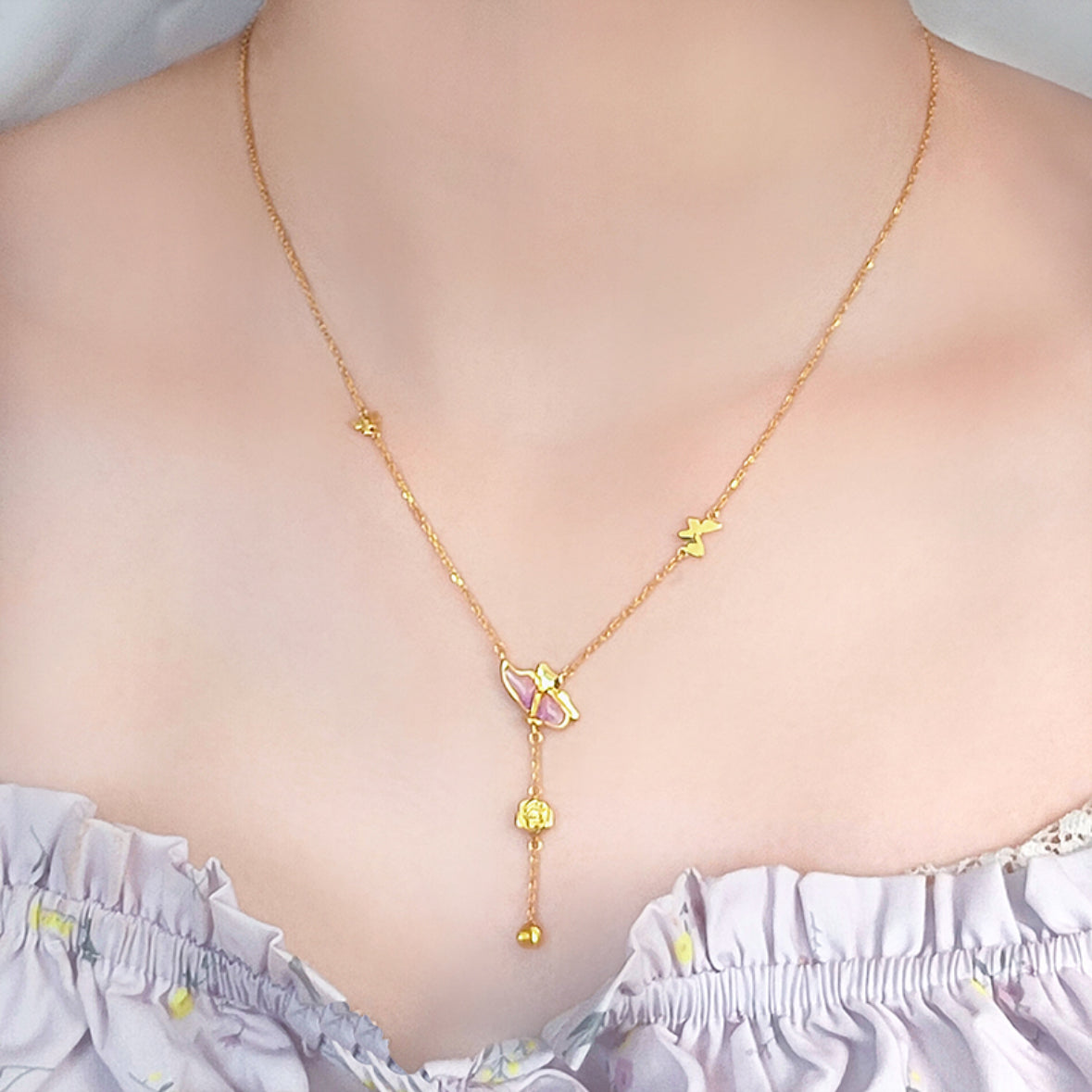 Monet Garden Series 24K Gold Butterfly Rose Y Necklace