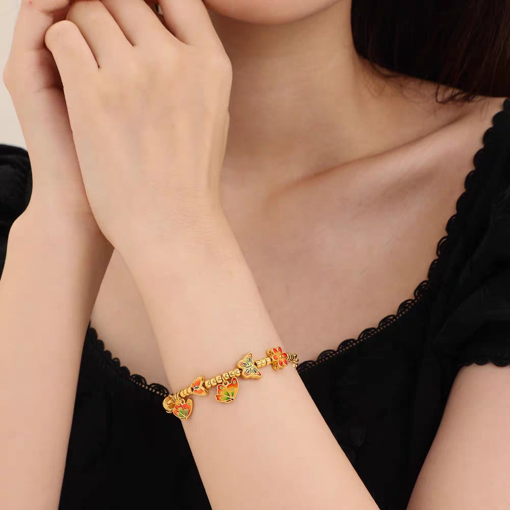 24k gold tradtional enamel butterfly flower bracelet for Minh(8.7g)