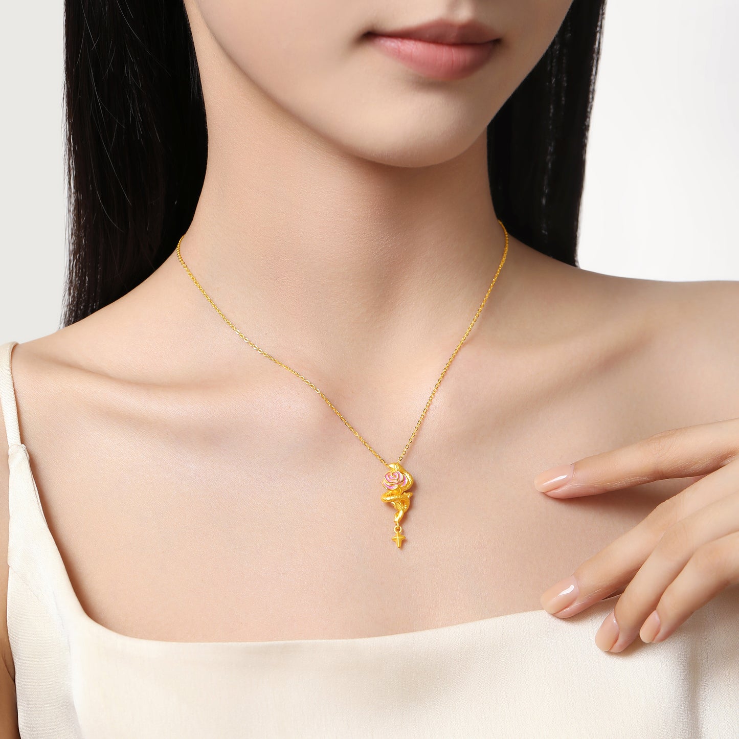 24K Gold Luminous Enamel Cool Snake and Rose Necklace Pendant