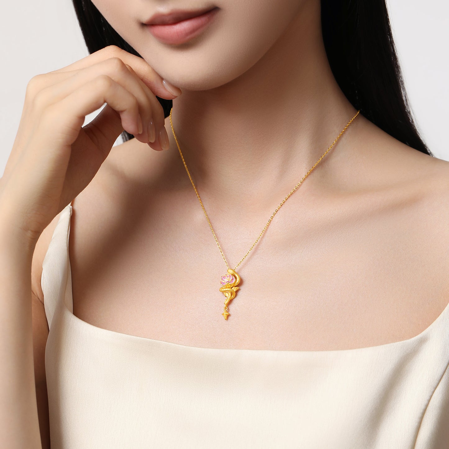 24K Gold Luminous Enamel Cool Snake and Rose Necklace Pendant