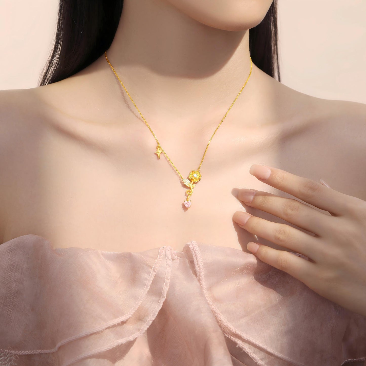 Gold Plated Silver Zircon Yellow Rose Pink Heart Necklace