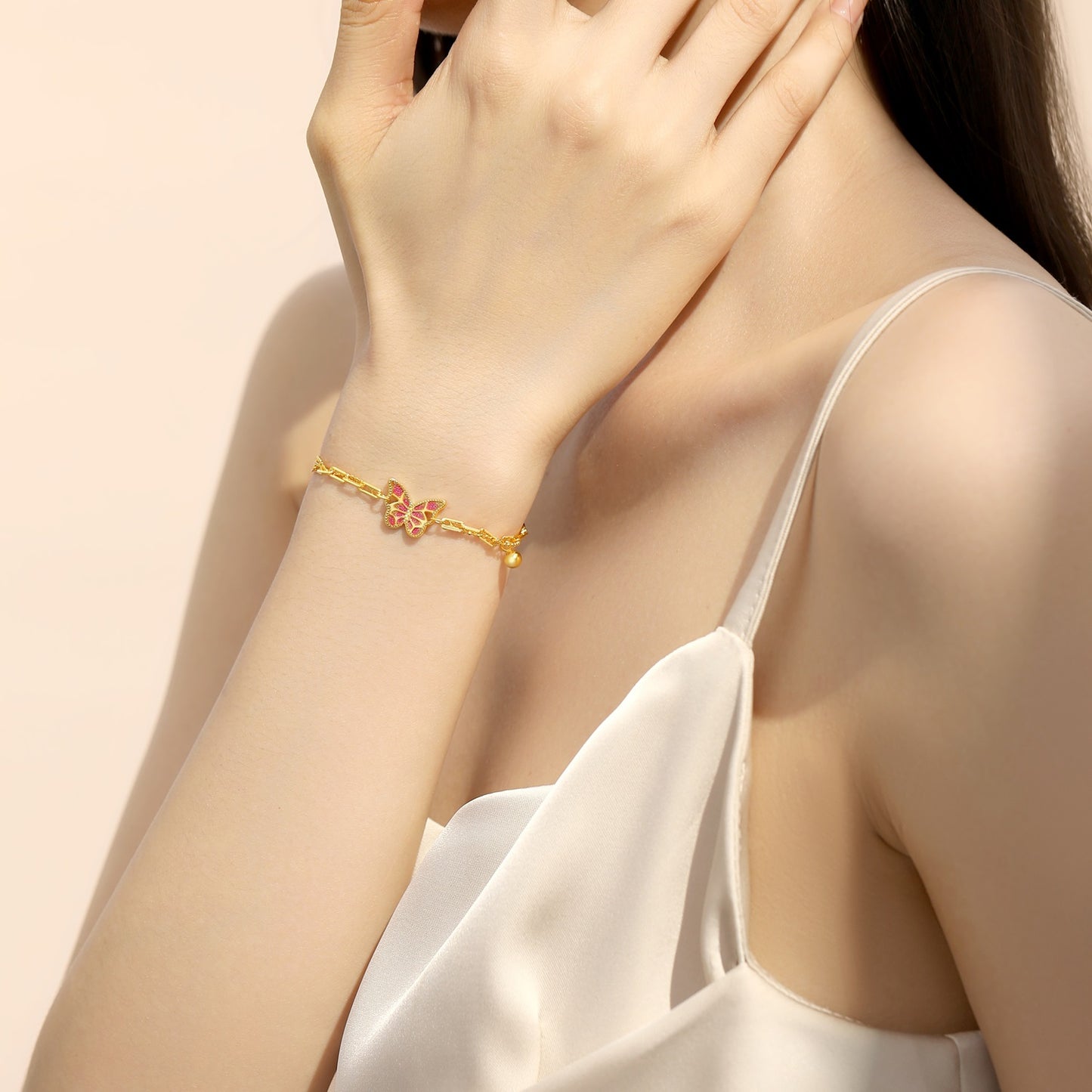 925 Silver Gold Plated Enamel Pink Butterfly Bracelet