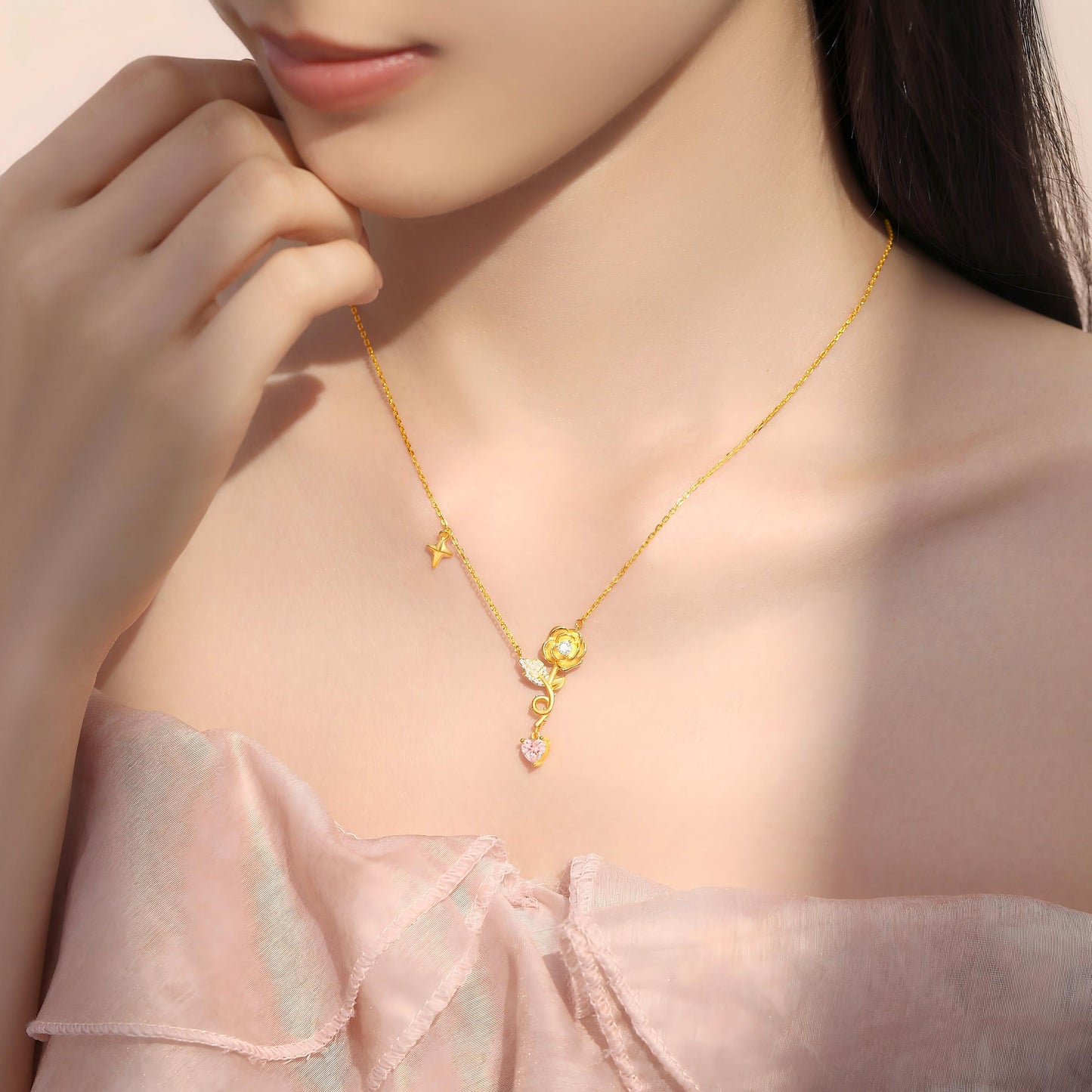 Gold Plated Silver Zircon Yellow Rose Pink Heart Necklace