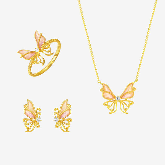 18K Gold Diamond Poetic Pink Butterfly Jewelry Set - Ring Earrings Necklace