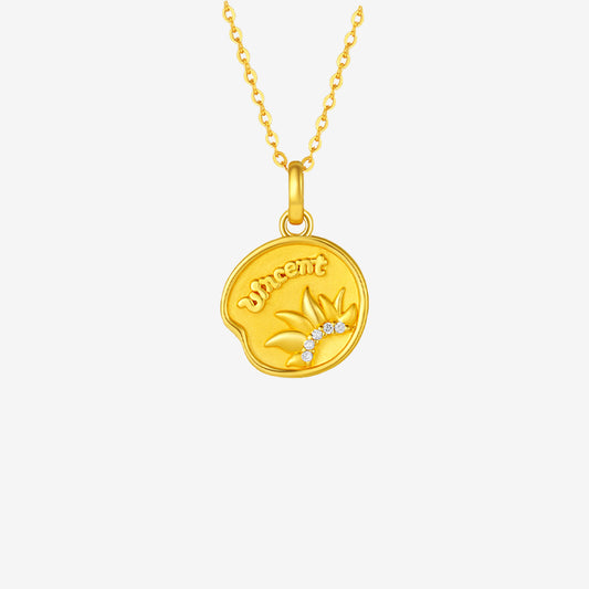 24K Gold Diamond Sunflower Round Pendant