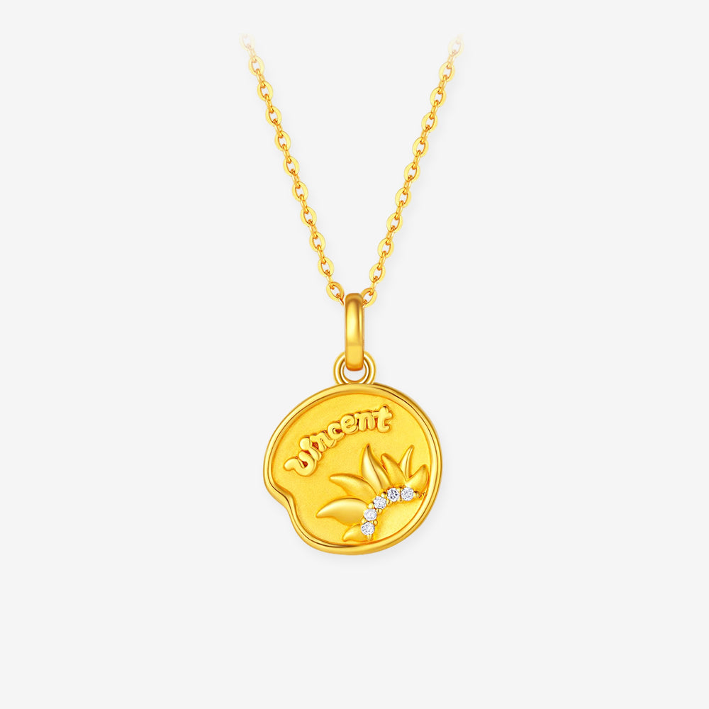 Blazing Van Gogh Series 24K Gold Diamond Sunflower Round Pendant