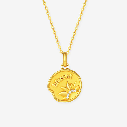 Blazing Van Gogh Series 24K Gold Diamond Sunflower Round Pendant