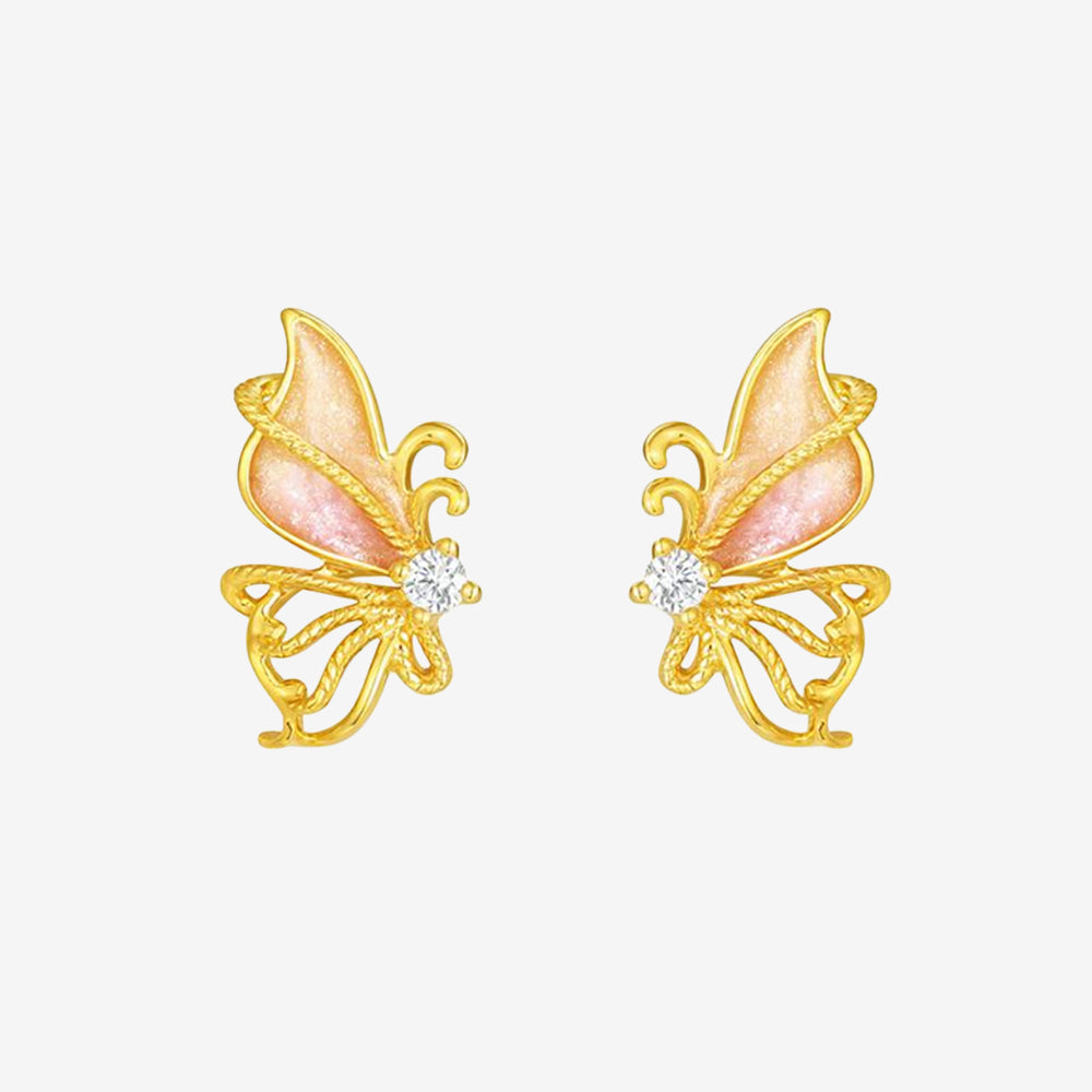 18K Gold Diamond Poetic Pink Butterfly Jewelry Set - Ring Earrings Necklace