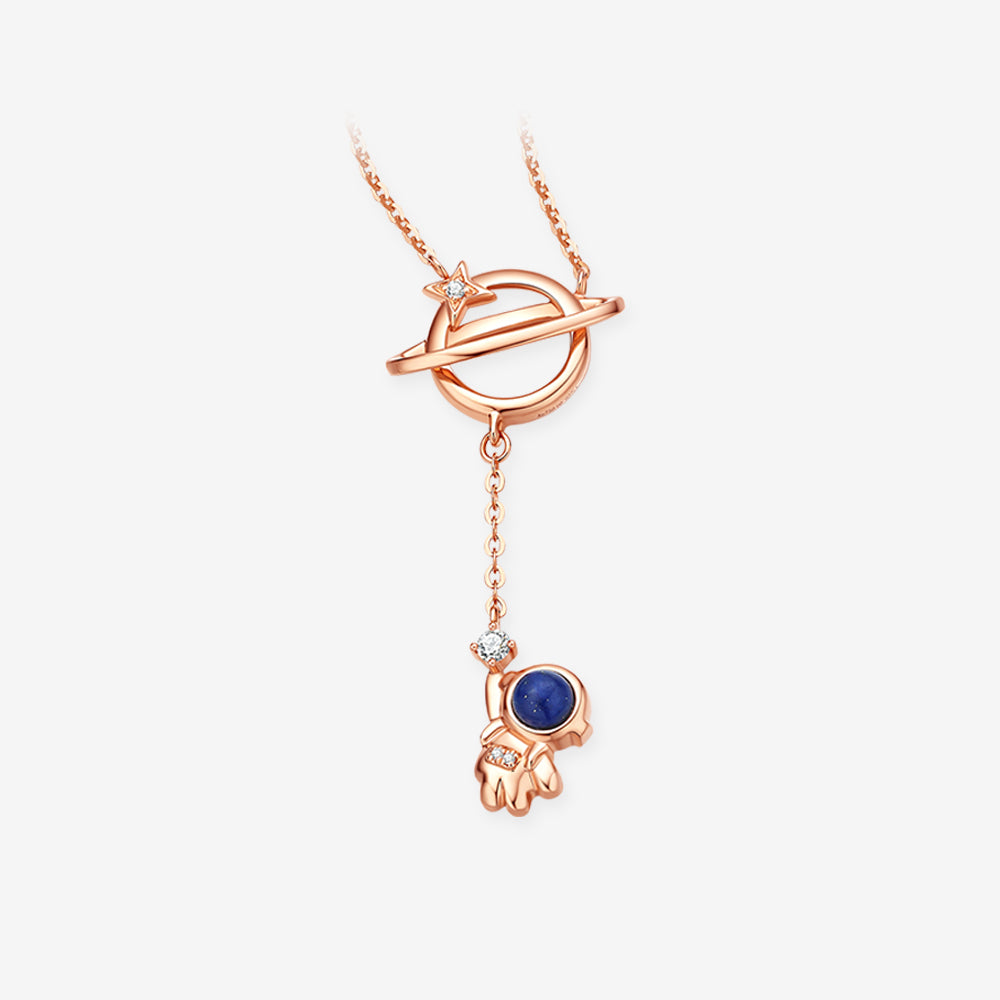 [Pre-sale] Shining Girl Series 18K Rose Gold Diamond Lapis Lazuli Astronaut Planet Necklace