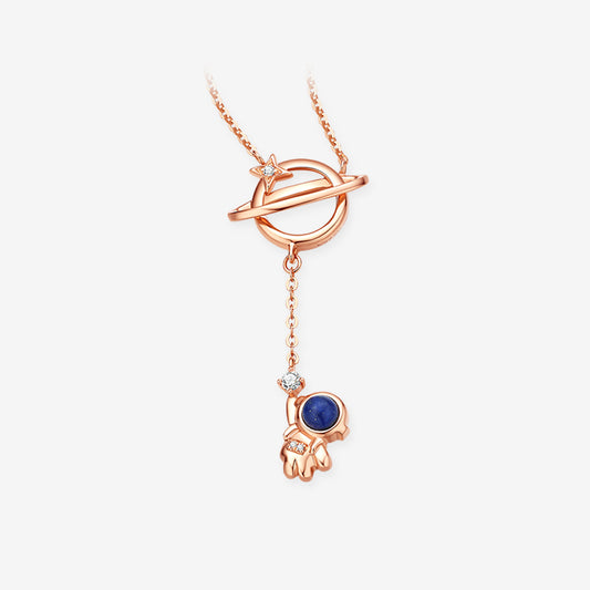 [Pre-sale] Shining Girl Series 18K Rose Gold Diamond Lapis Lazuli Astronaut Planet Necklace