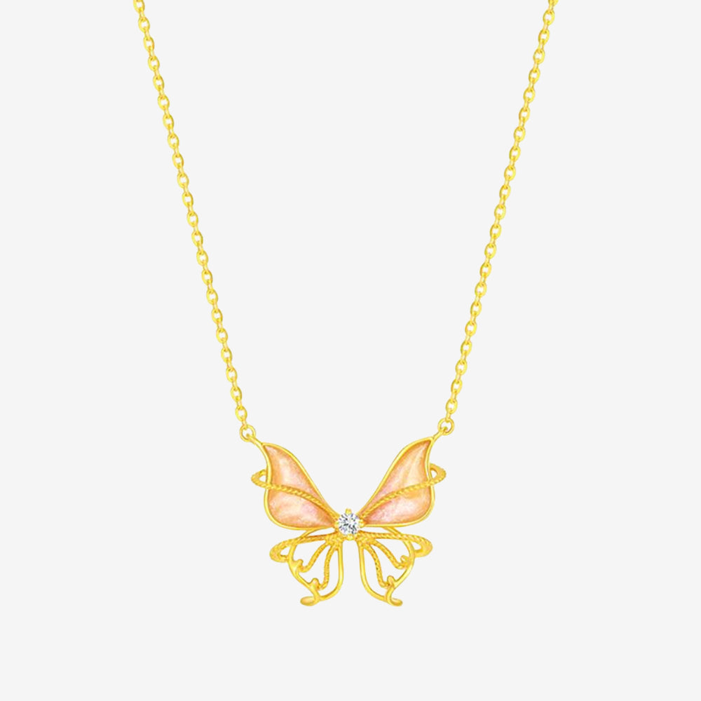 18K Gold Diamond Poetic Pink Butterfly Jewelry Set - Ring Earrings Necklace