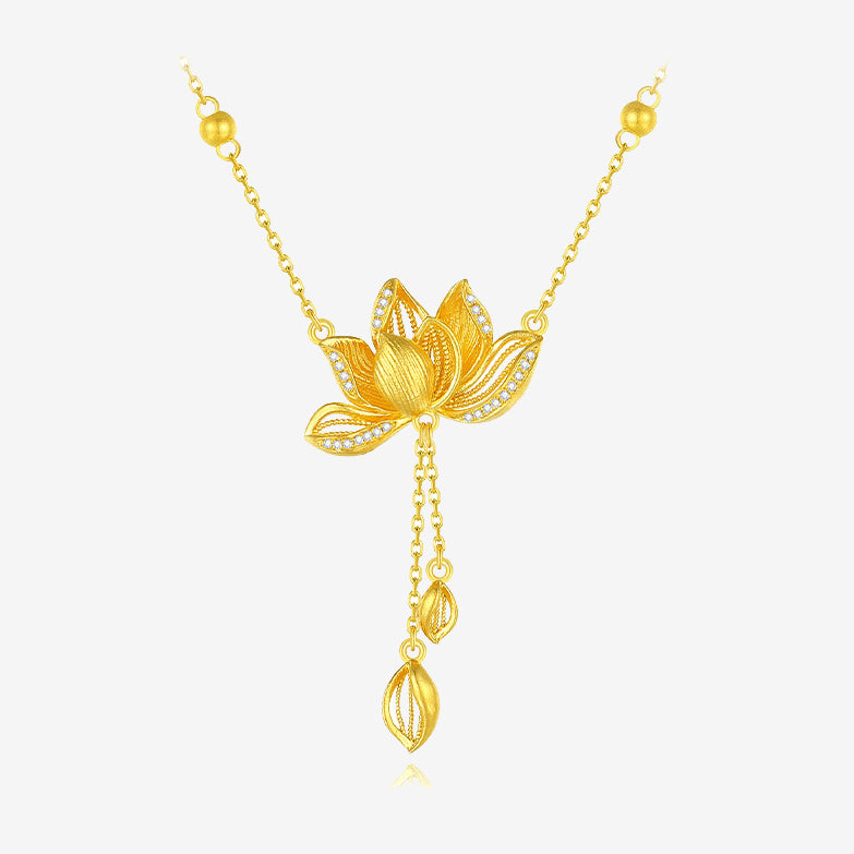 Twelve Flower Gods Series 24K Gold Diamond Lotus Tassel Necklace